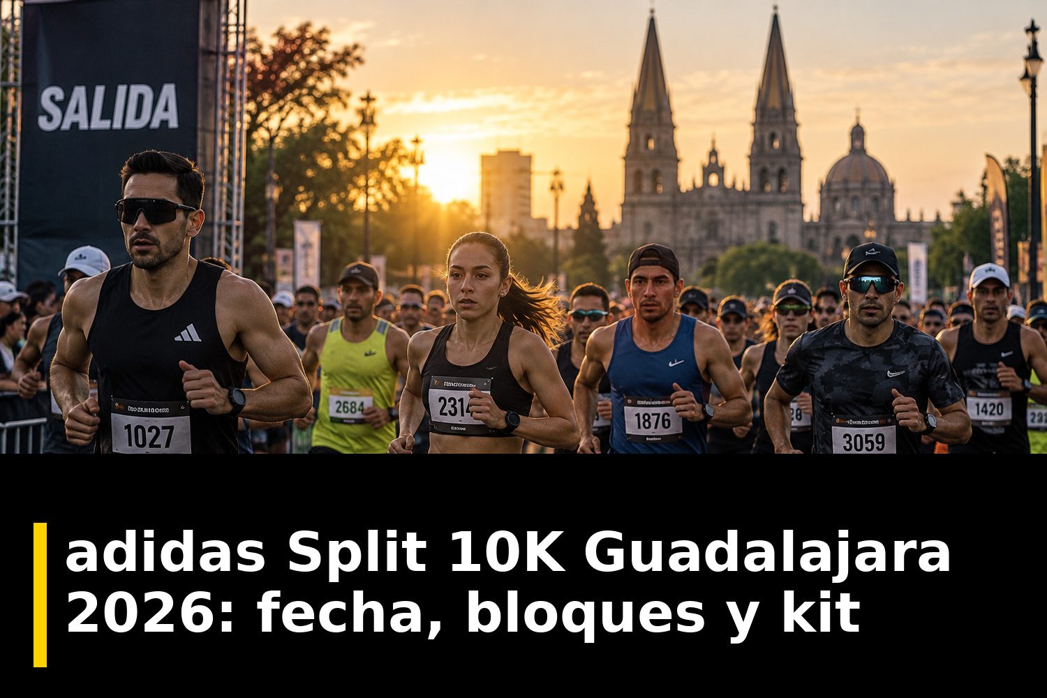 Corredores en el bloque de salida de una carrera de 10 km en Guadalajara, con ropa de running y números al pecho