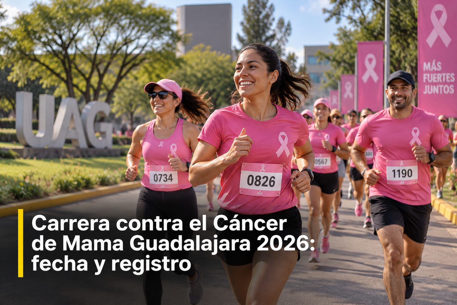 Corredoras con playeras y listones rosas en el circuito del campus de la UAG durante la carrera contra el cáncer de mama