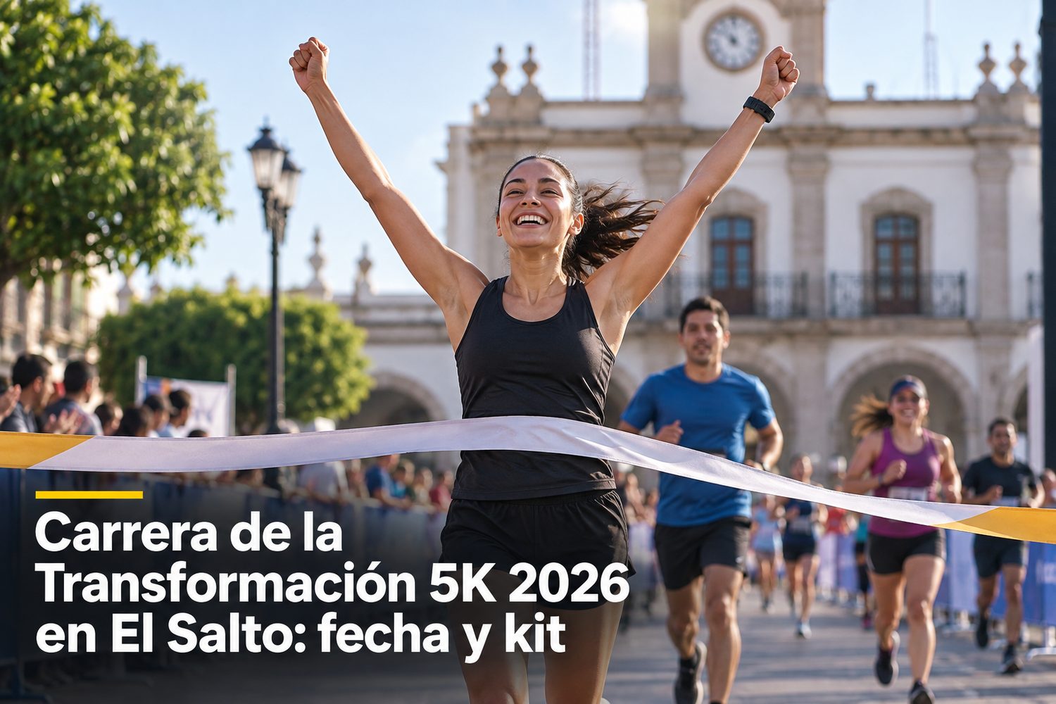 Corredores de 5 km llegando a la meta frente a la Presidencia Municipal de El Salto, Jalisco