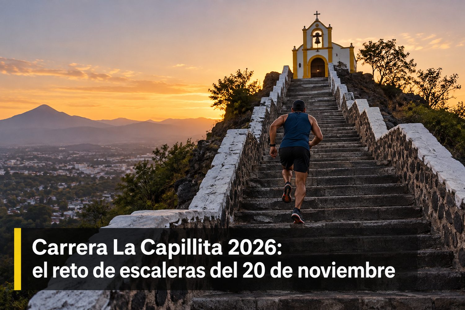 Corredor subiendo una escalinata empinada hacia una pequeña capilla en lo alto de un cerro, al amanecer