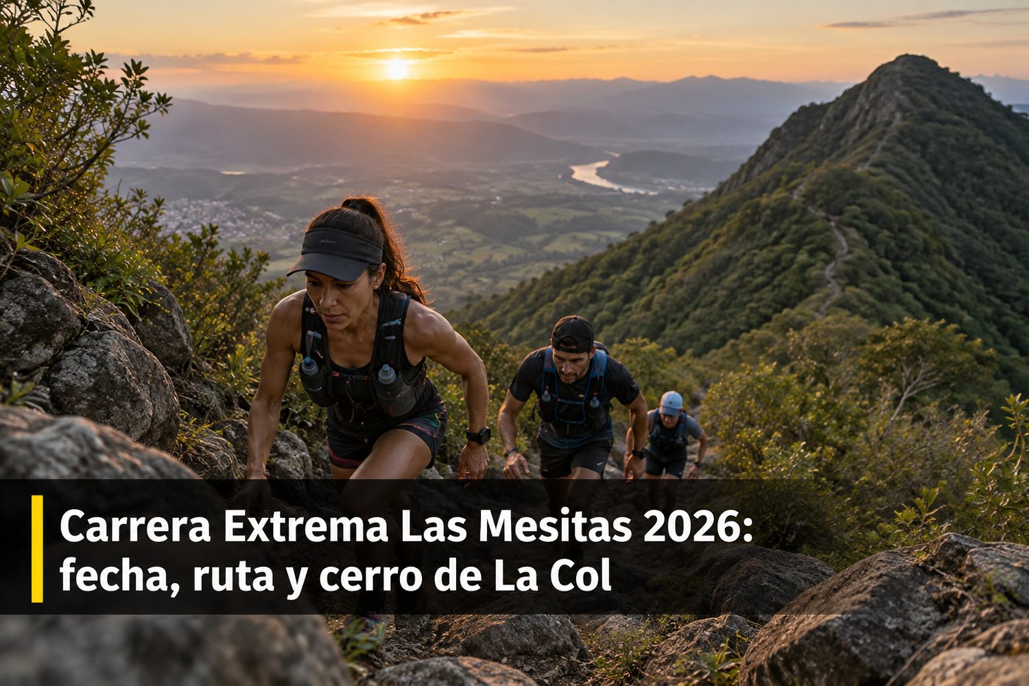 Corredores subiendo una vereda de piedra en la sierra de Las Mesitas, Zapopan, con el valle al fondo en una mañana fría