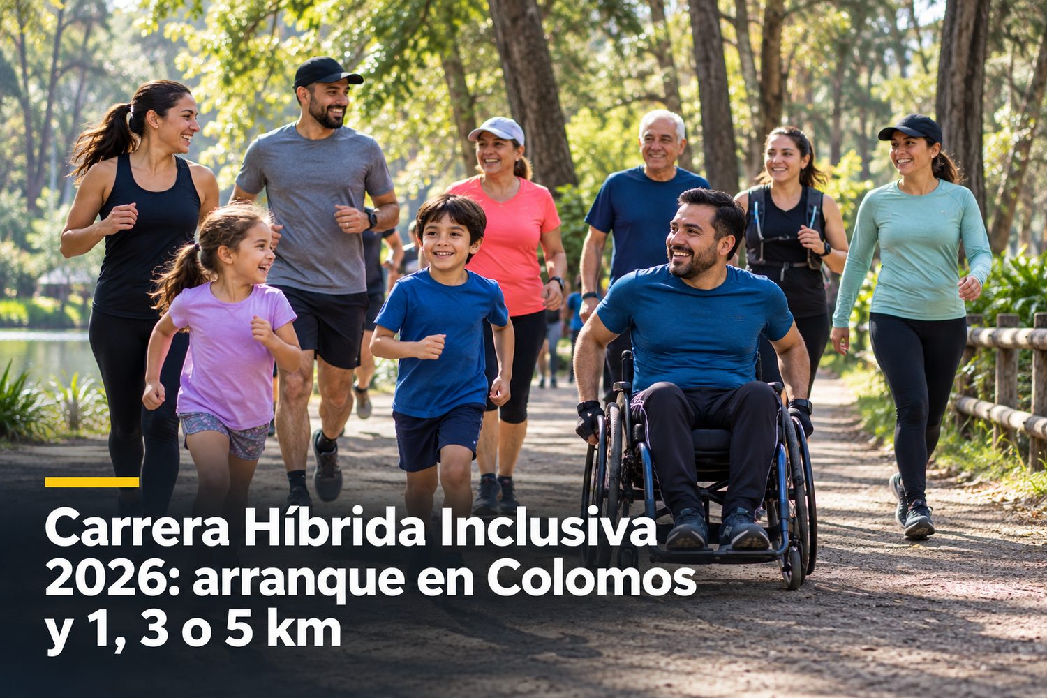 Familia caminando y trotando junta por un sendero arbolado del Parque Colomos en Guadalajara, con playeras de carrera