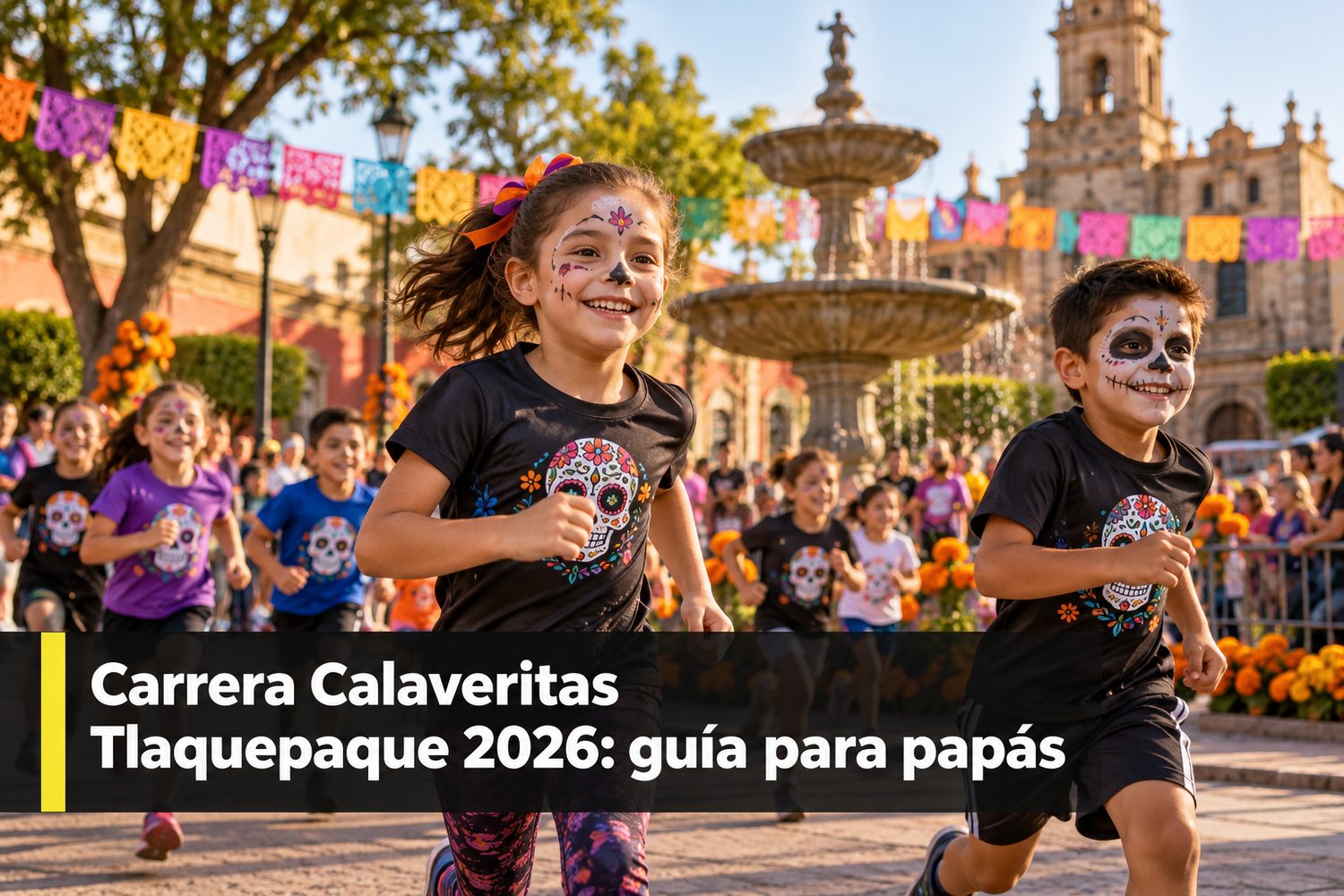 Niña con maquillaje de calaverita corriendo hacia la meta en una plaza del centro de Tlaquepaque