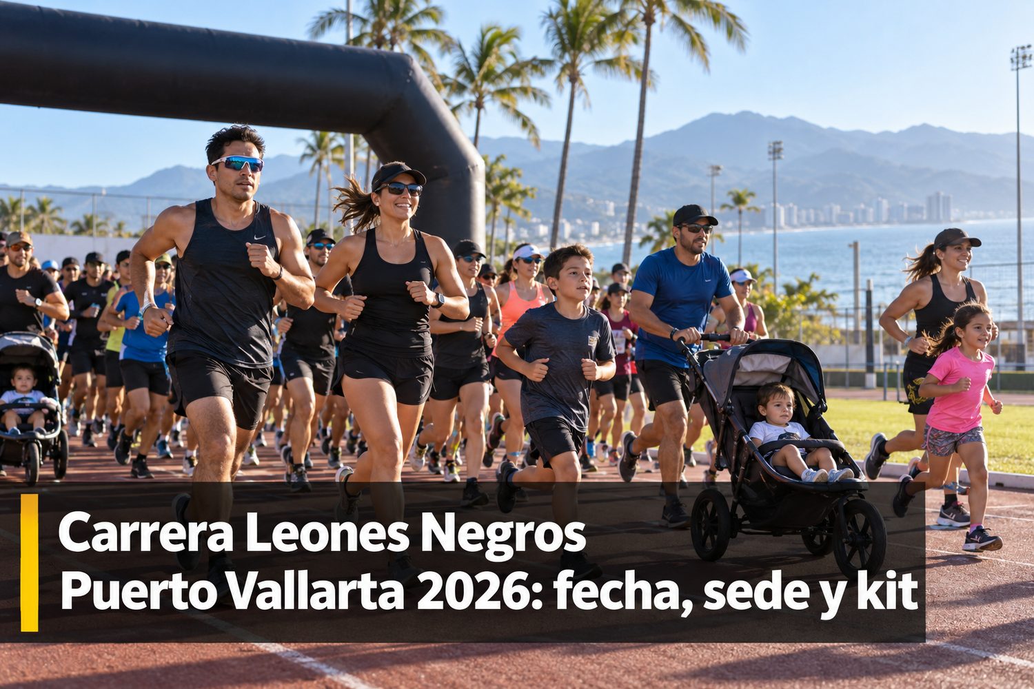 Familias y corredores en la salida de la Carrera Leones Negros en Puerto Vallarta, con playeras de la UdeG