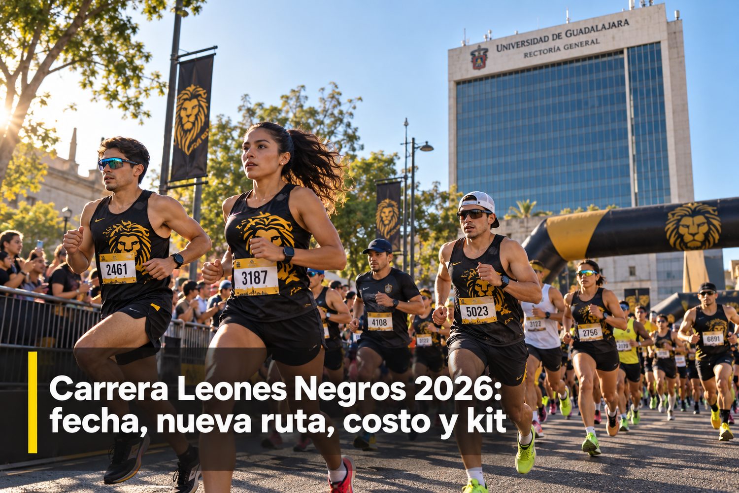 Corredores de la Carrera Leones Negros sobre Av. Vallarta al amanecer, con playeras de la Universidad de Guadalajara