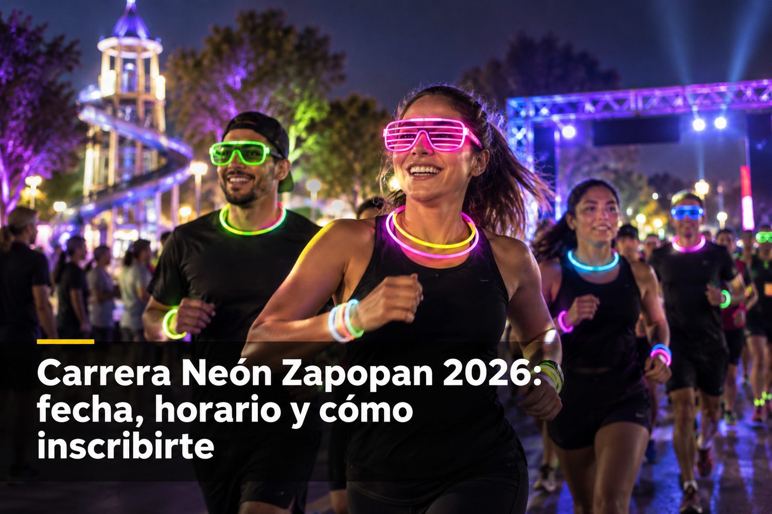 Corredores con pulseras y lentes fosforescentes en la salida nocturna del Parque de las Niñas y los Niños, Zapopan