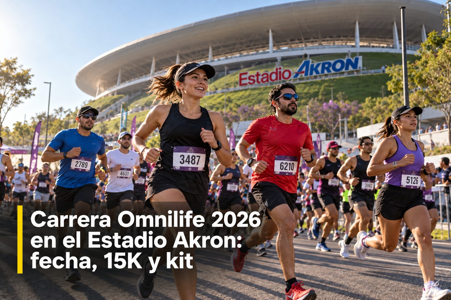 Corredores en la salida de la Carrera Omnilife junto al Estadio Akron en Zapopan, al amanecer