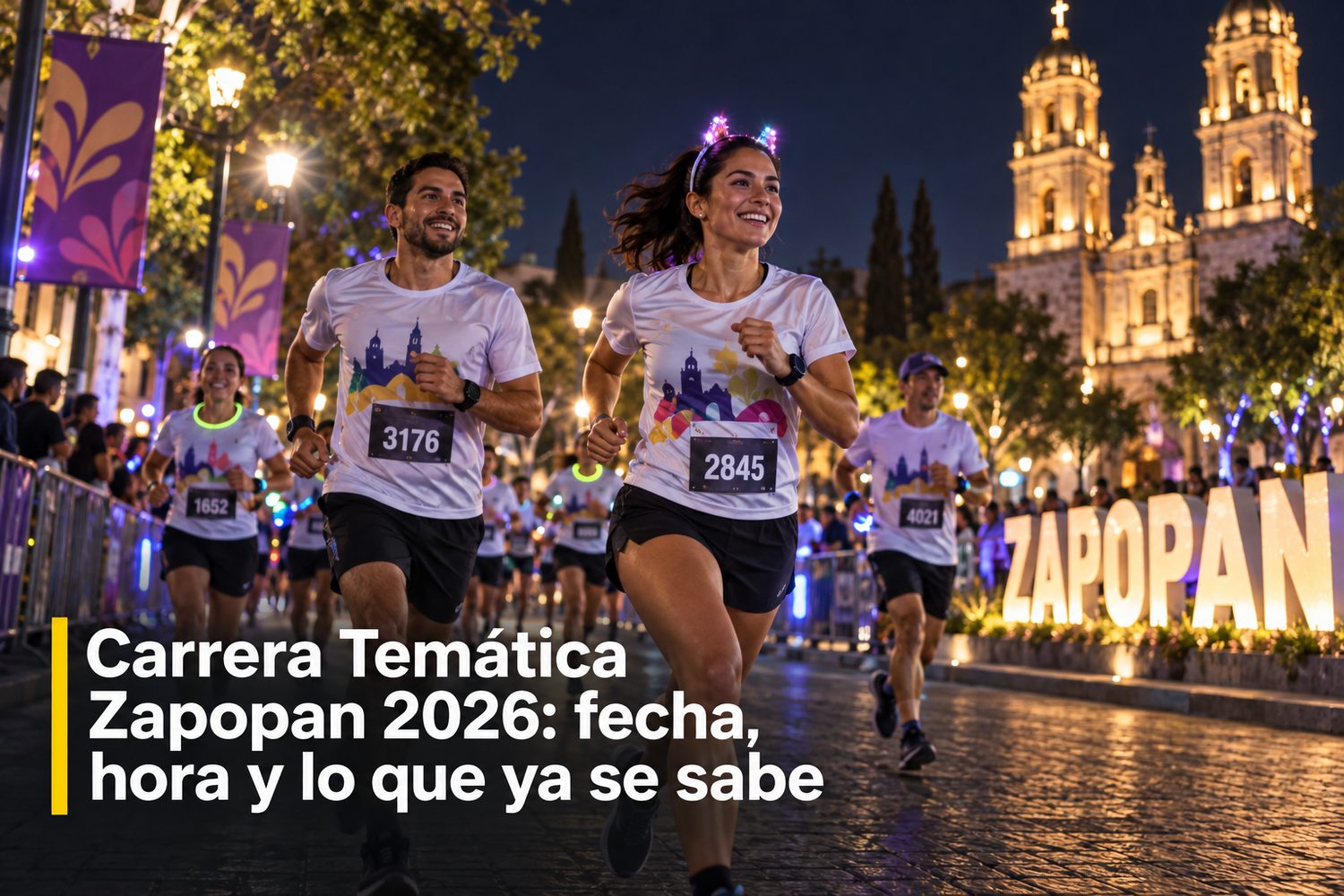 Corredores de noche en una carrera urbana de Zapopan, iluminados por el alumbrado y las luces de la ruta