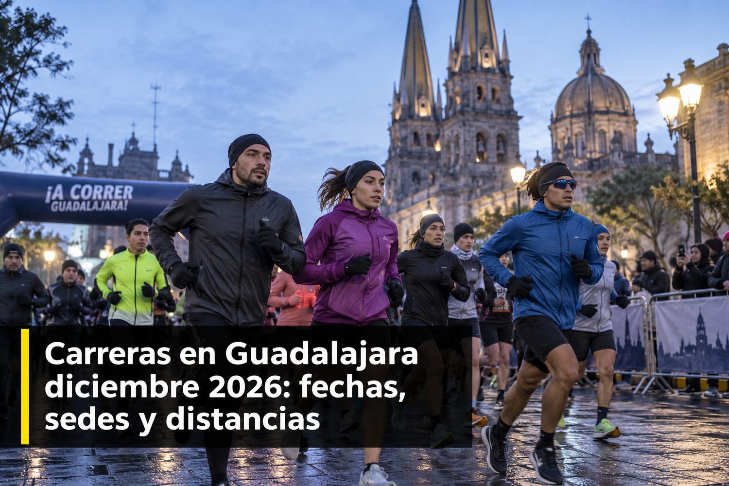 Corredores abrigados en una salida de madrugada en Zapopan durante una carrera de diciembre