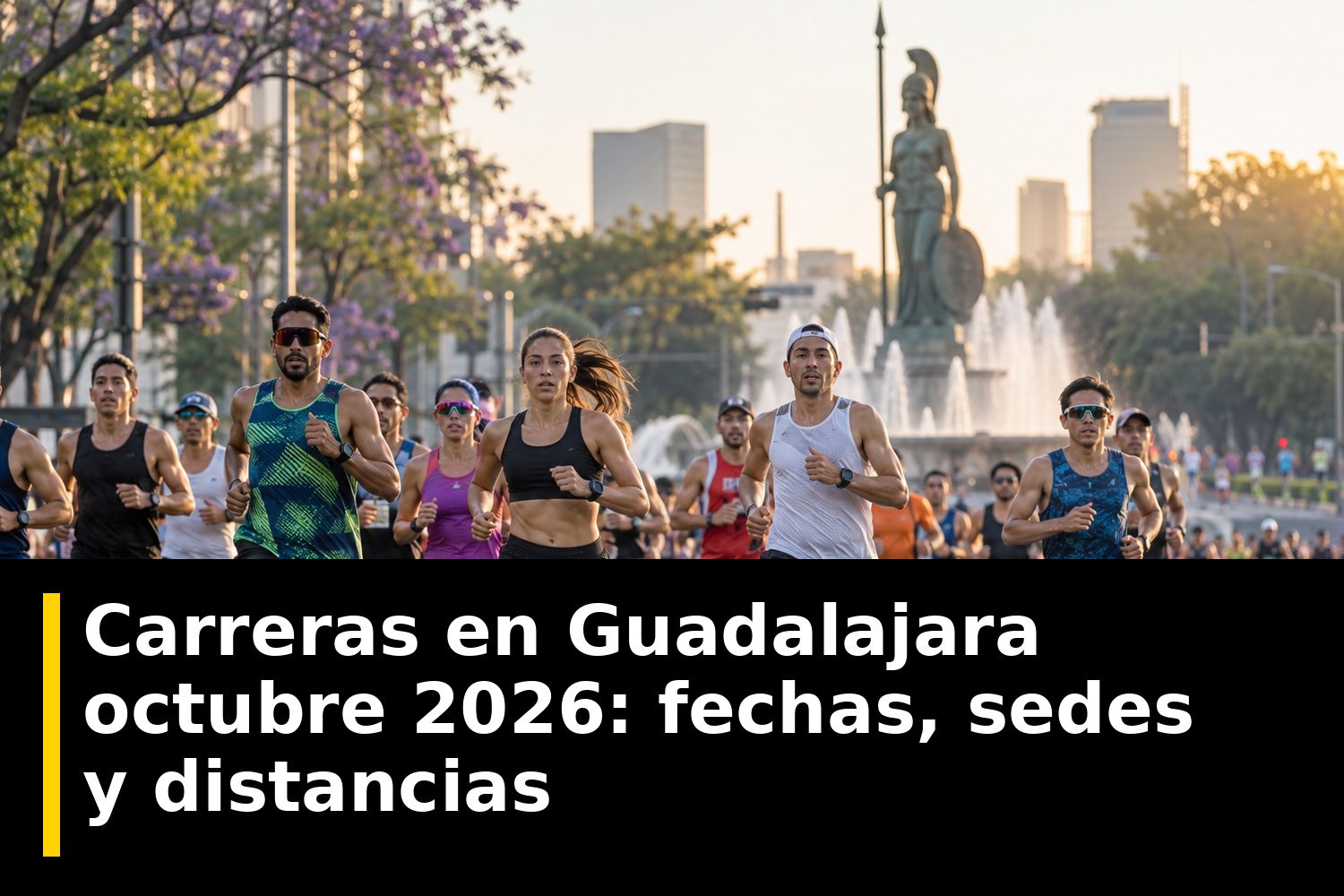 Pelotón de corredores en una avenida de Guadalajara al amanecer durante una carrera de octubre