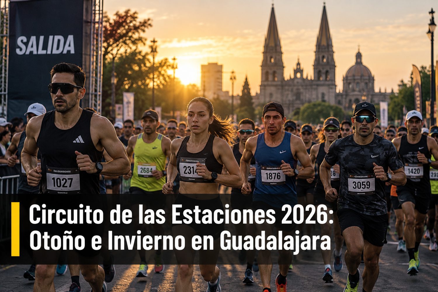 Corredores en la salida del Circuito de las Estaciones en Guadalajara al amanecer, con el arco de meta al fondo