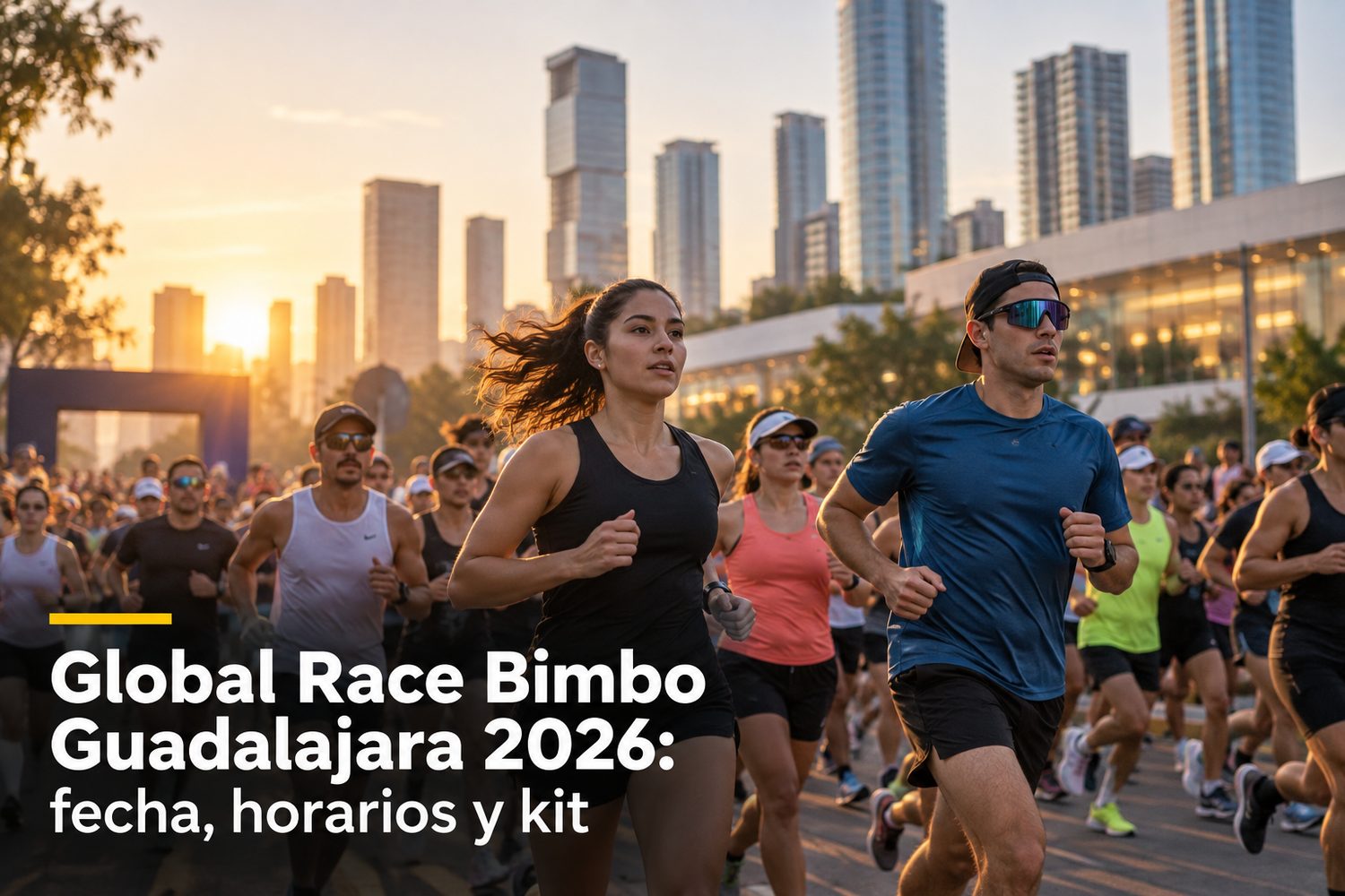 Corredores con la playera de la Bimbo Global Race en la salida frente a Andares, Zapopan, al amanecer