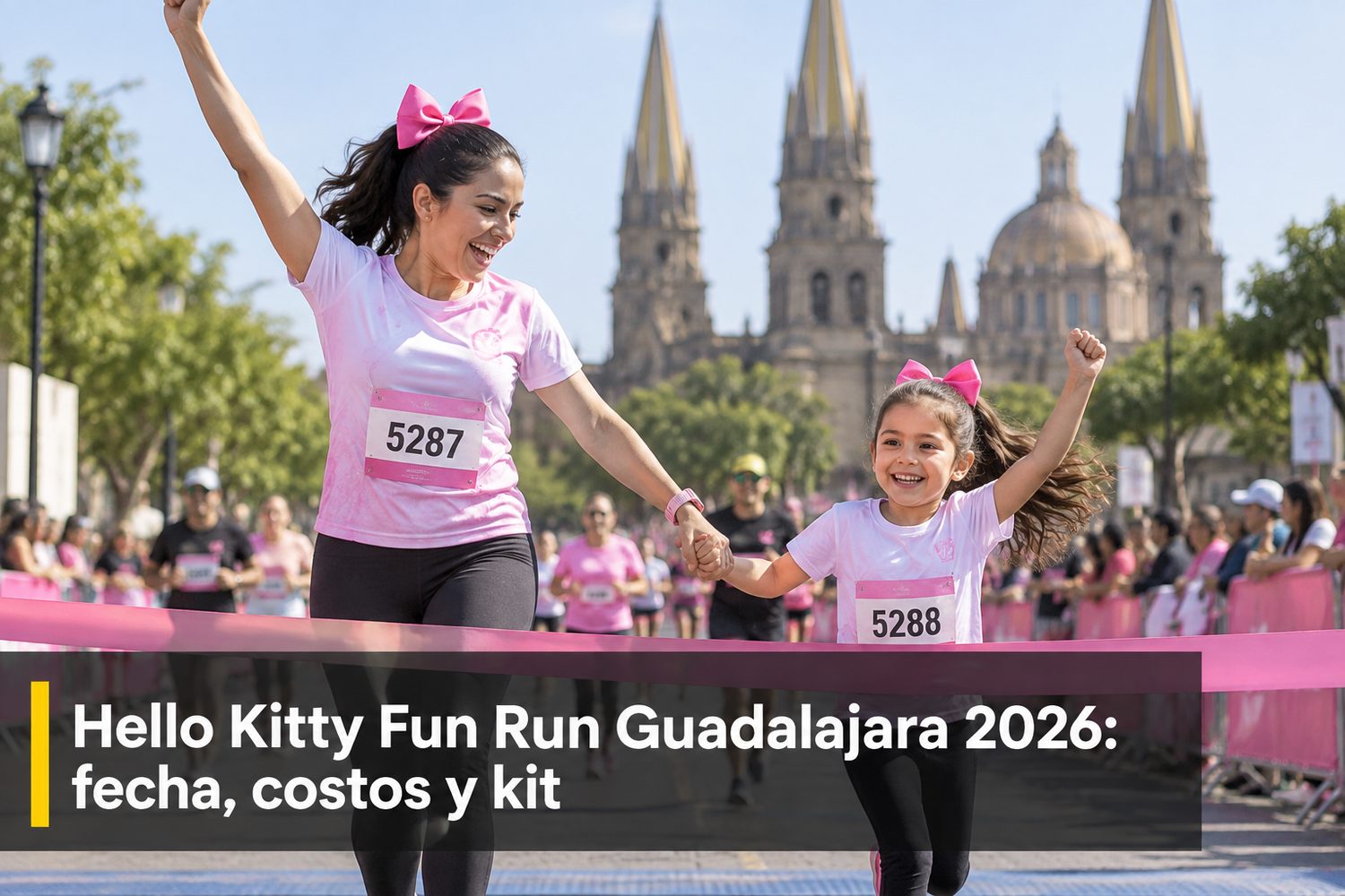 Mamá e hija con playeras rosas de Hello Kitty caminando juntas hacia la meta de una carrera