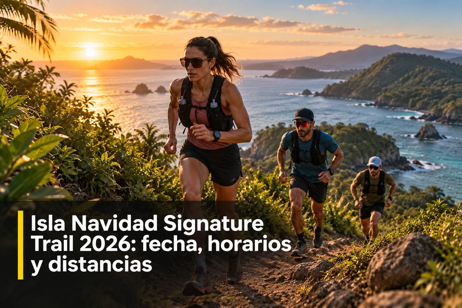 Corredores de trail en un sendero costero con palmeras y la laguna de Barra de Navidad al fondo al amanecer