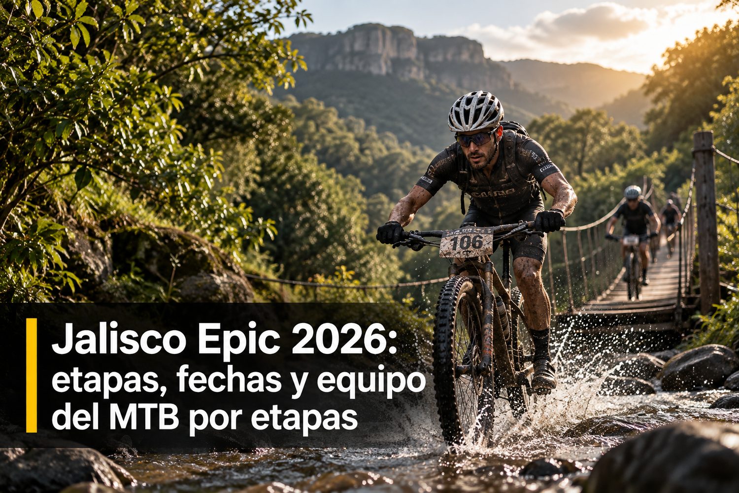 Ciclista de montaña cruzando un puente colgante en la selva de la Sierra Madre Occidental de Jalisco