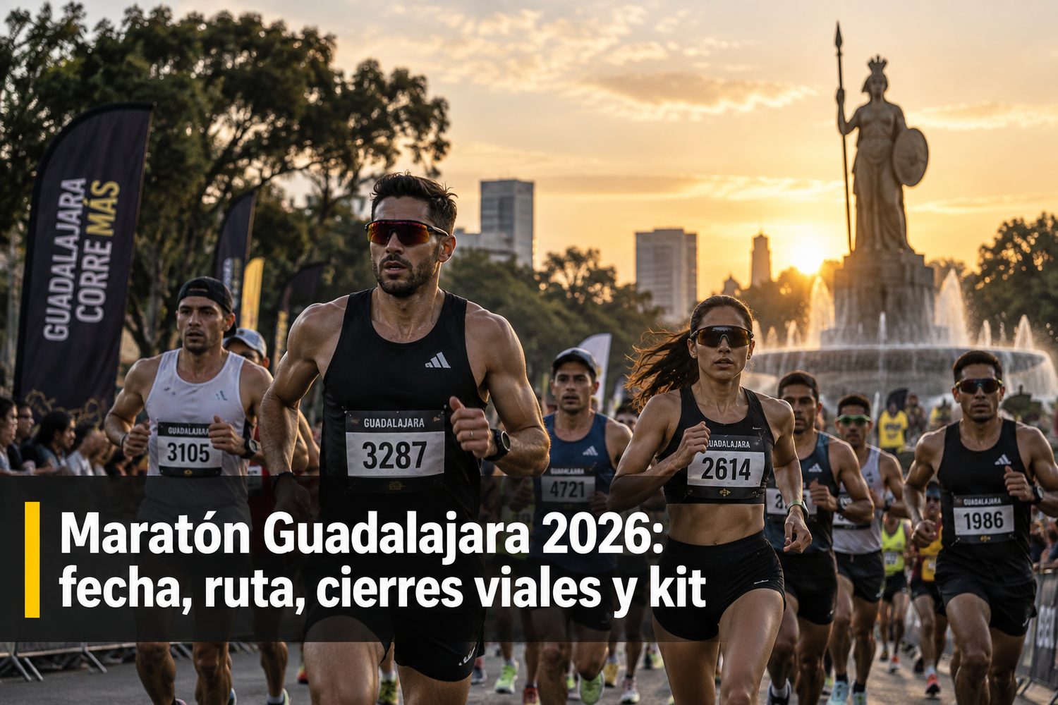 Corredores del Maratón Internacional de Guadalajara en la salida al amanecer, con la Glorieta Minerva al fondo