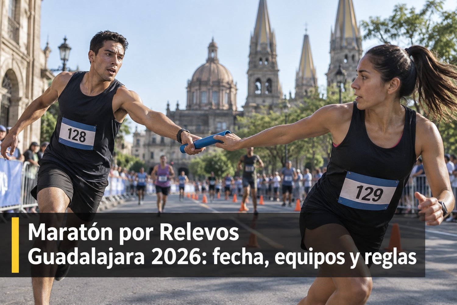 Dos corredores de un mismo equipo en la zona de relevo, uno entregando al otro la pulsera con chip