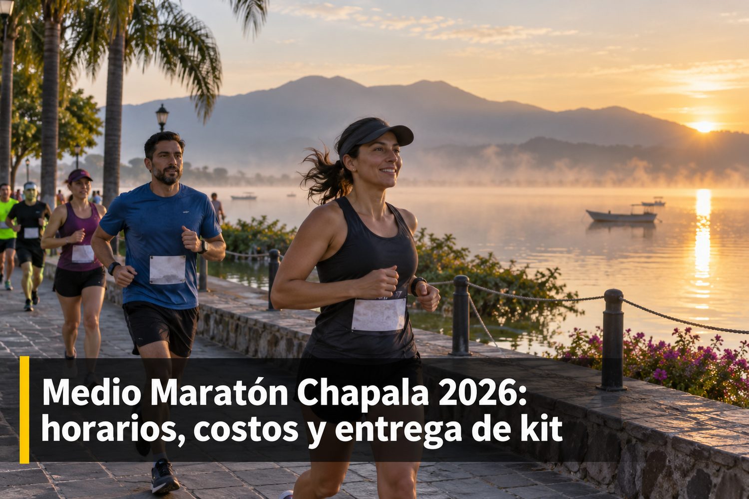 Corredores de medio maratón al amanecer en el malecón de Chapala, con el lago al fondo