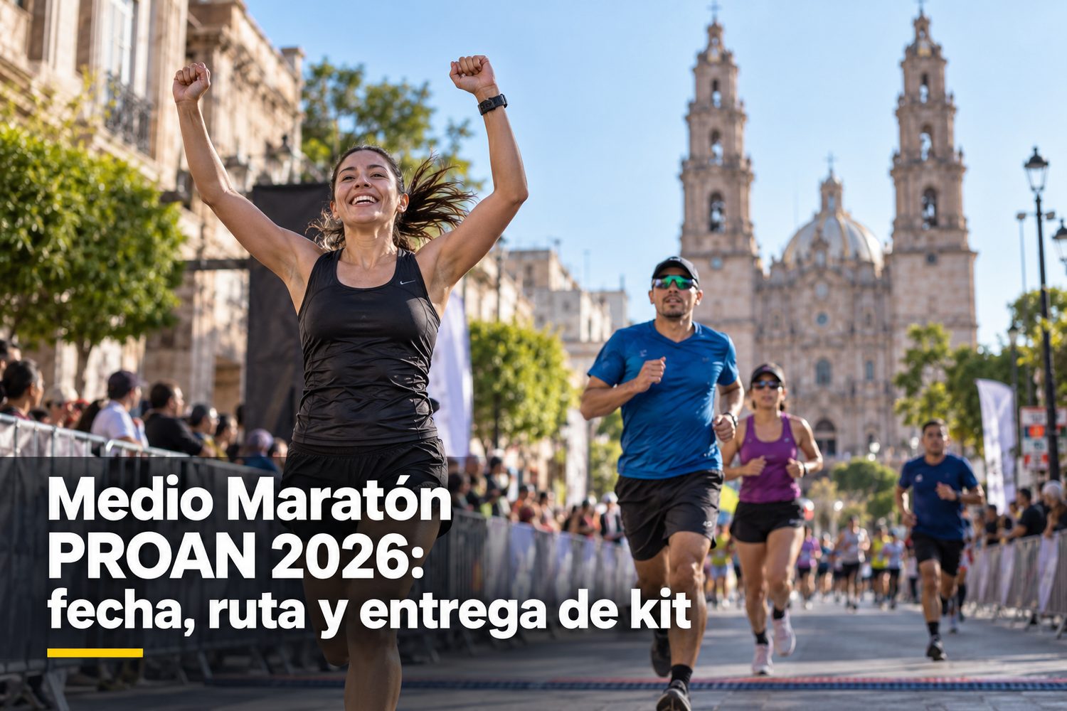 Corredores del Medio Maratón PROAN llegando a la meta frente a la catedral de San Juan de los Lagos