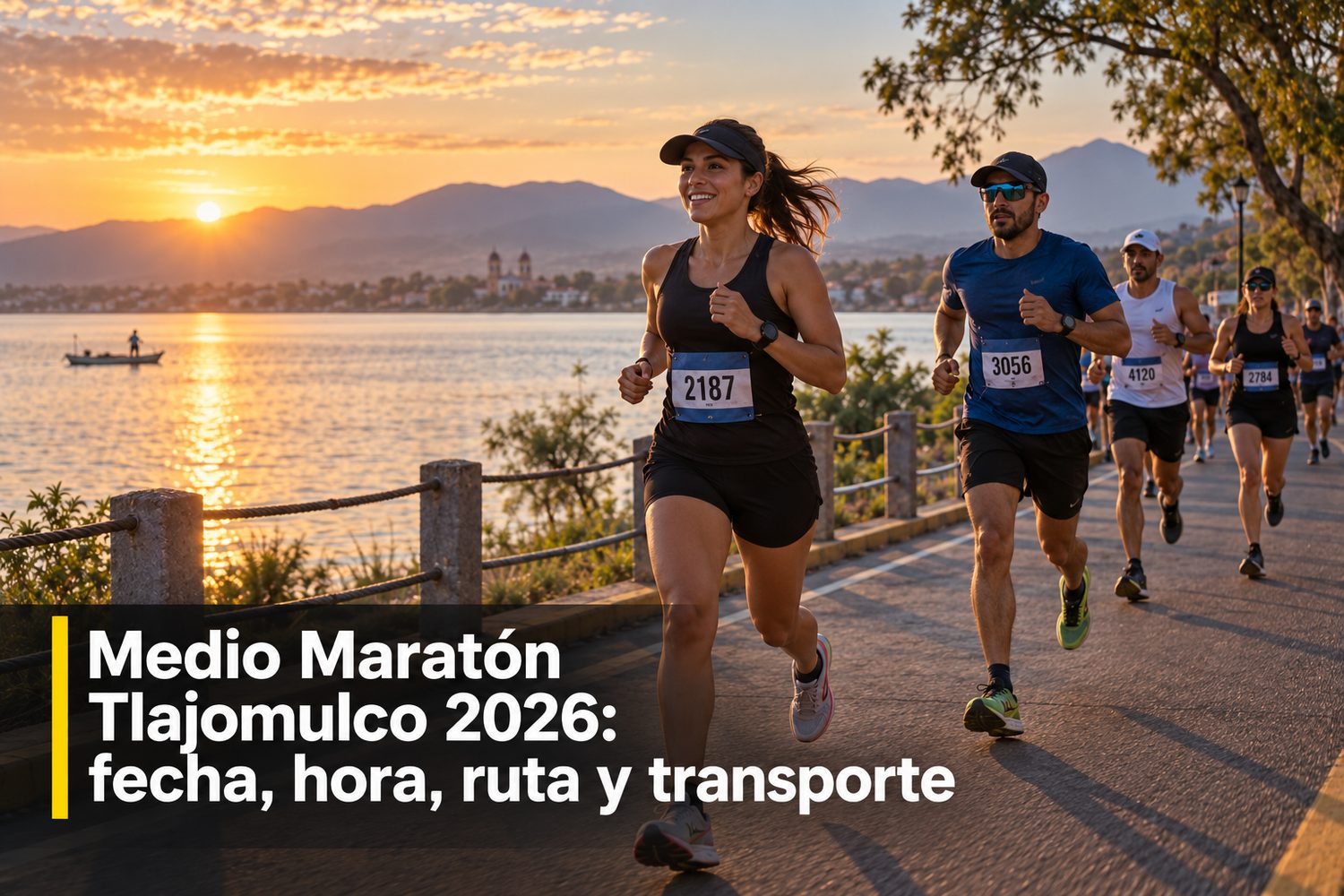 Corredores del Medio Maratón Tlajo junto a la laguna de Cajititlán al amanecer