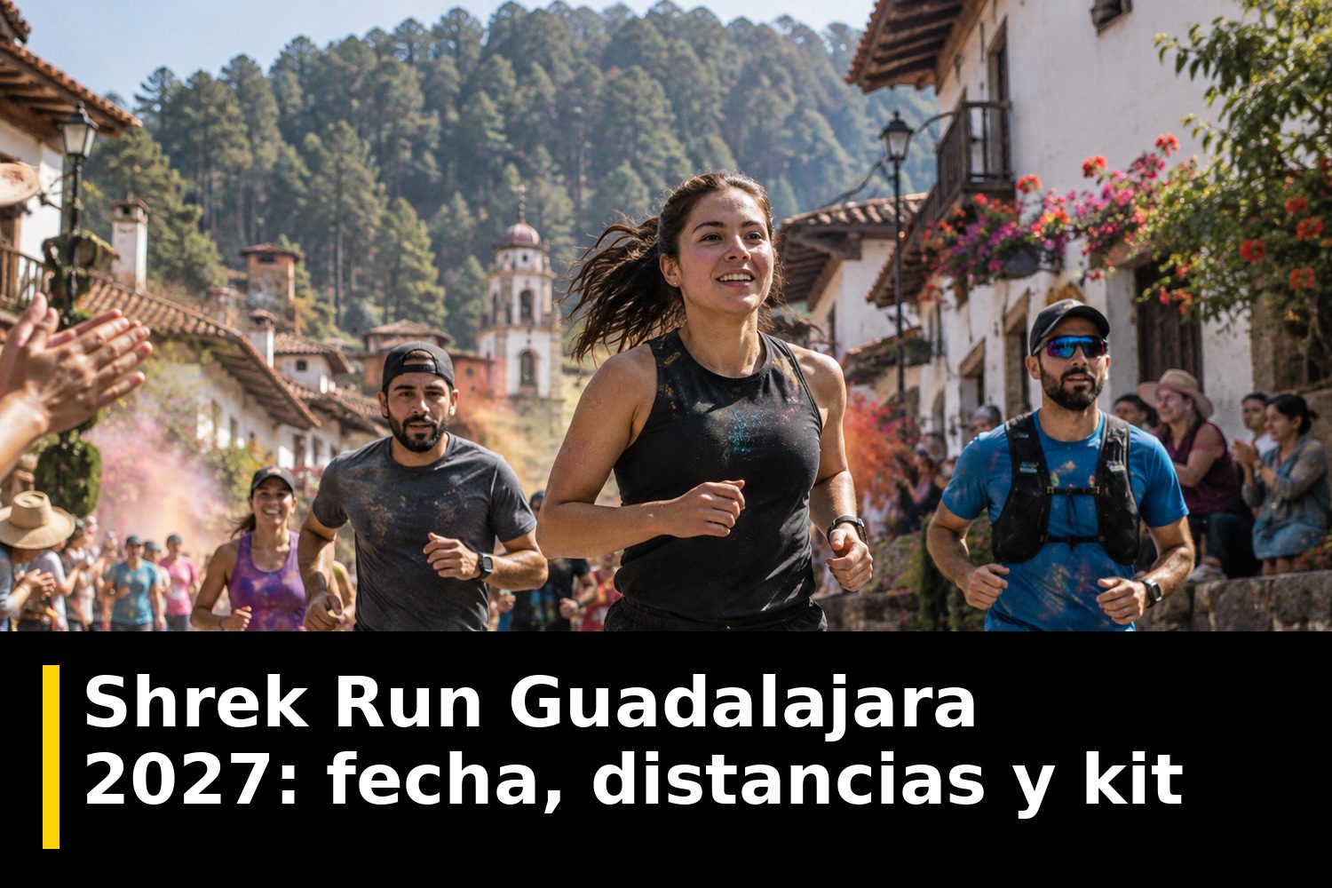 Corredores con gorros verdes de Shrek en la salida de una carrera al amanecer en Guadalajara