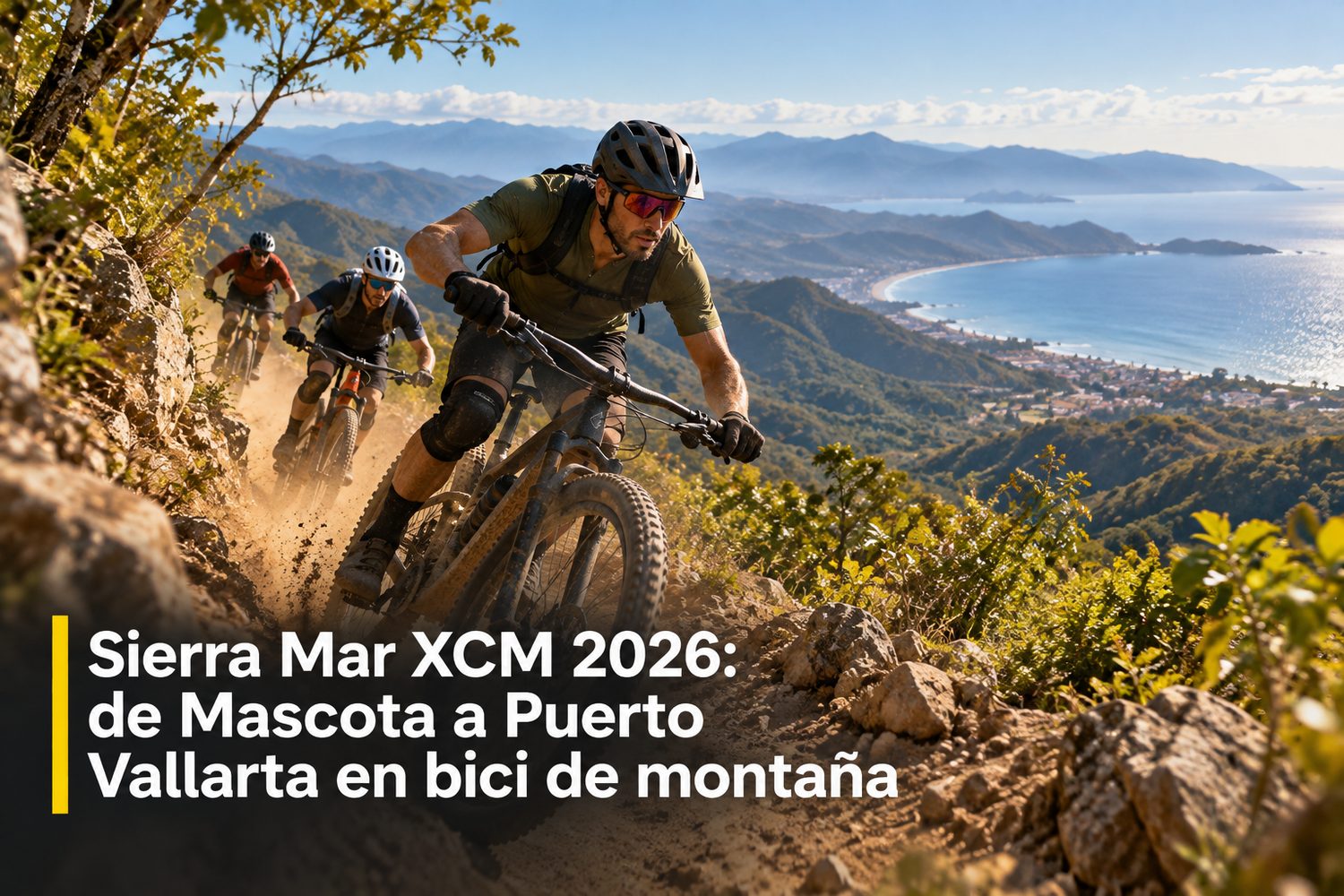 Ciclista de montaña bajando por un camino de sierra con vegetación verde y el mar de Bahía de Banderas al fondo