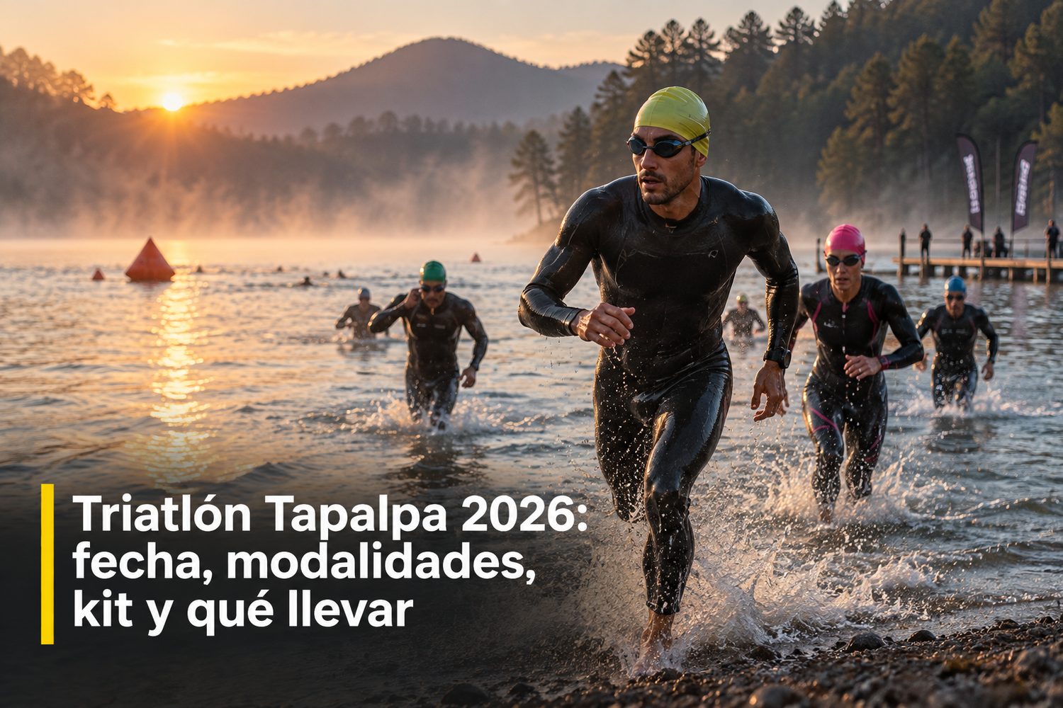 Triatletas saliendo del agua en Los Reflejos, Tapalpa, con el bosque de pinos detrás