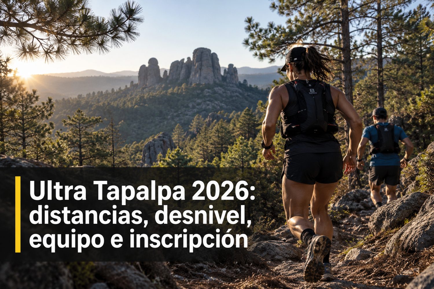 Corredores de trail entre pinos y las grandes rocas de Las Piedrotas en Tapalpa, Jalisco, con luz de mañana