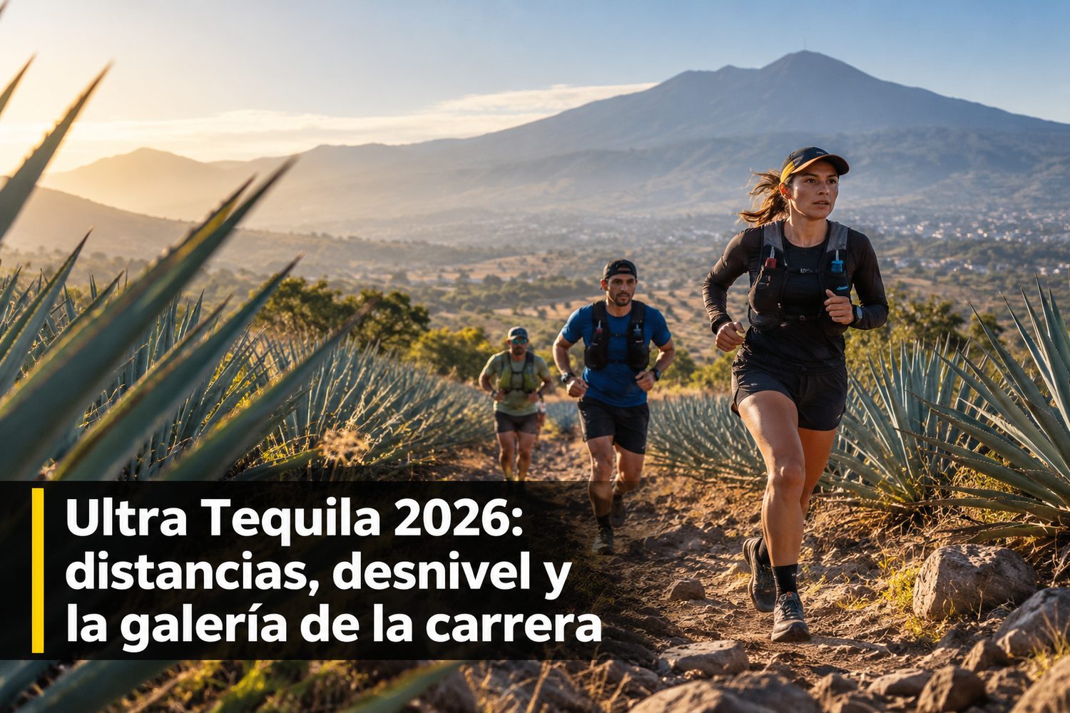 Corredor de trail en el Ultra Tequila 2026 avanzando entre hileras de agave azul con el volcán de Tequila al fondo