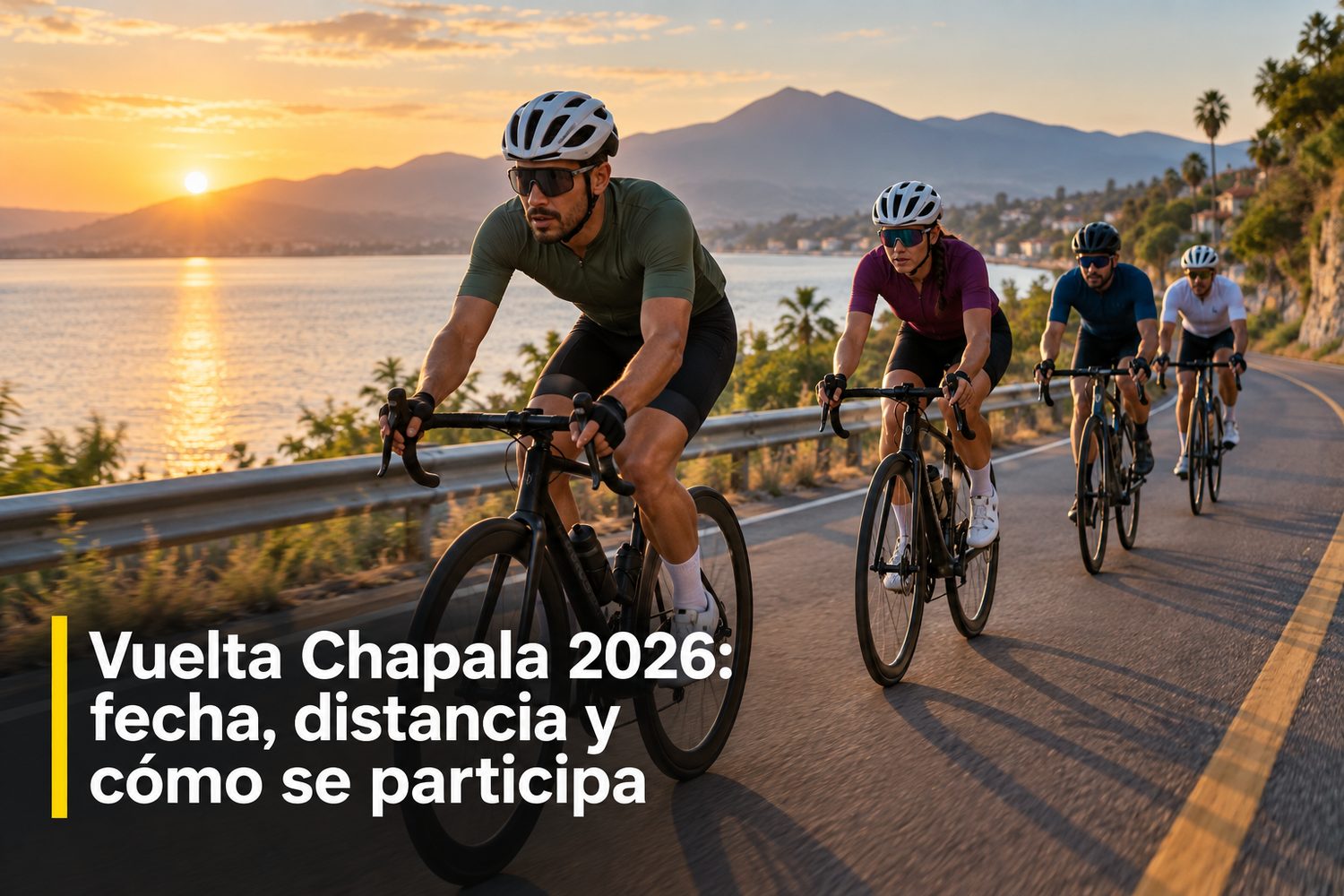 Grupo de ciclistas de ruta rodando por la carretera ribereña del Lago de Chapala al amanecer